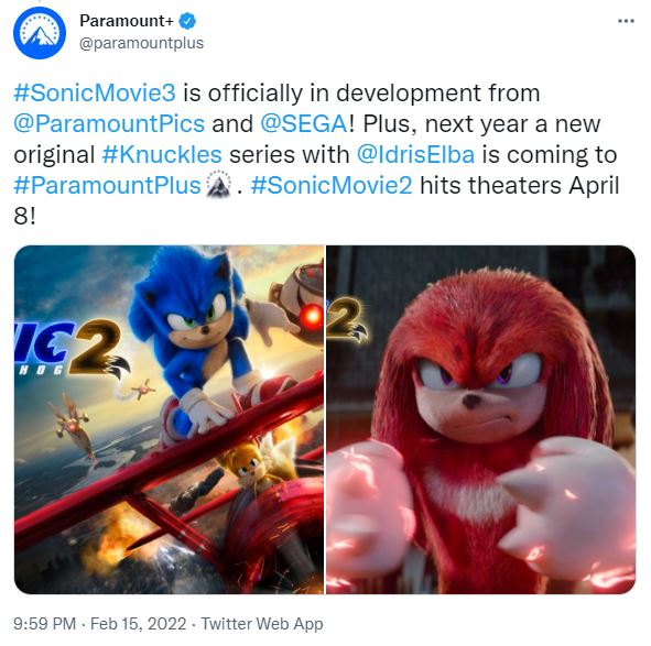 Paramount confirms 'Sonic 3' movie and Knuckles spinoff TV series